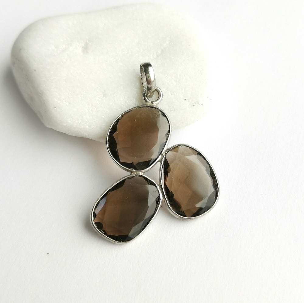 Modernist sterling silver freeform Smokey Topaz Smoky Quartz pendant 🆕